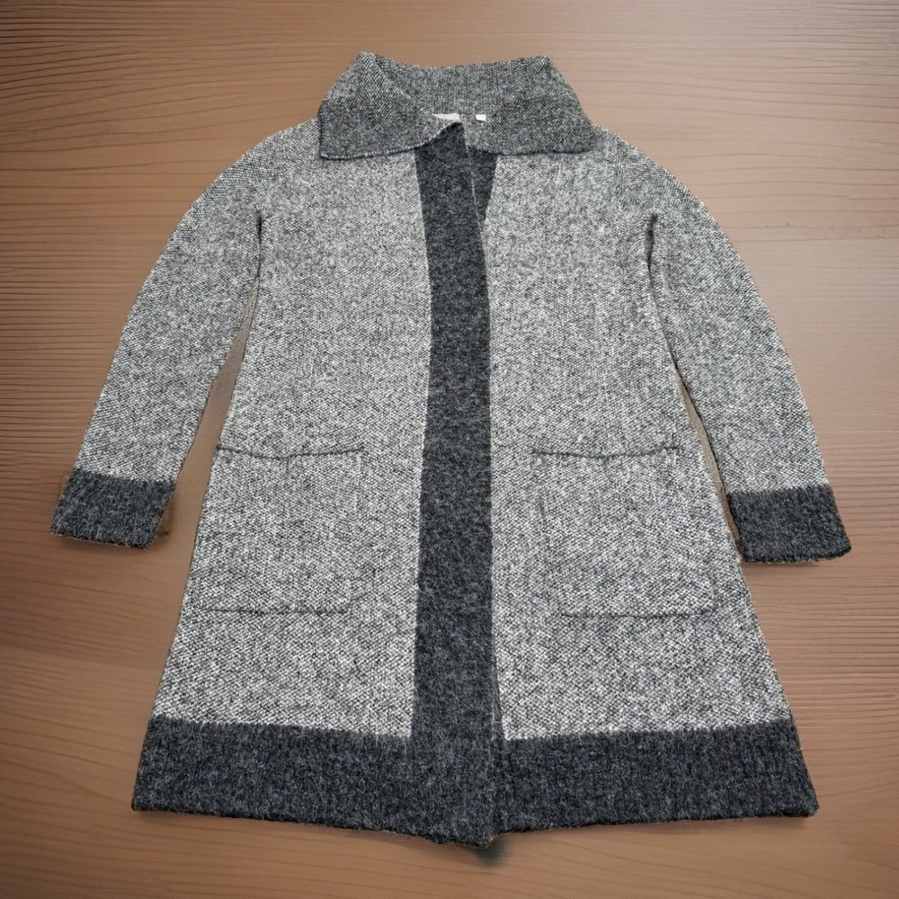 Cyrus Size S Long Gray Marled Knit Open Front Cardigan Sweater Contrasting Trim